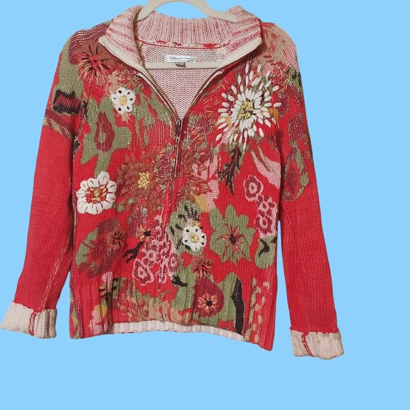 Vintage‎ Embroidery Floral Grannycore Knit Boho Zip Up Festival Red XS Sweater - Picture 2 of 7